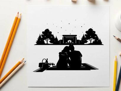 Romantic silhouette of couple on picnic at night outdoors