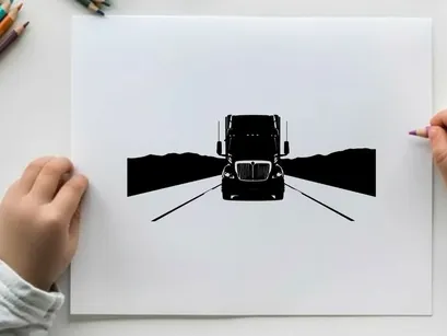 Truck silhouette on a road with mountains in the background silhouette