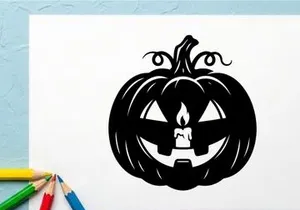 Black Halloween Pumpkin with Carved Face and Curled Vines