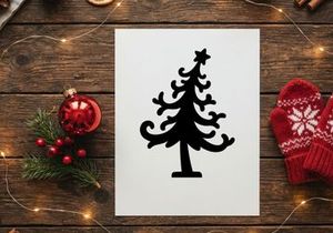 Black silhouette of a stylized Christmas tree with a star topper on white background.