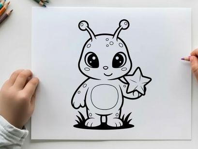 Cute alien cartoon holding star vector illustration