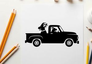 Silhouette of a moose sticking out of a pickup truck