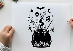 Black silhouette cauldron with witchcraft symbols and spooky elements