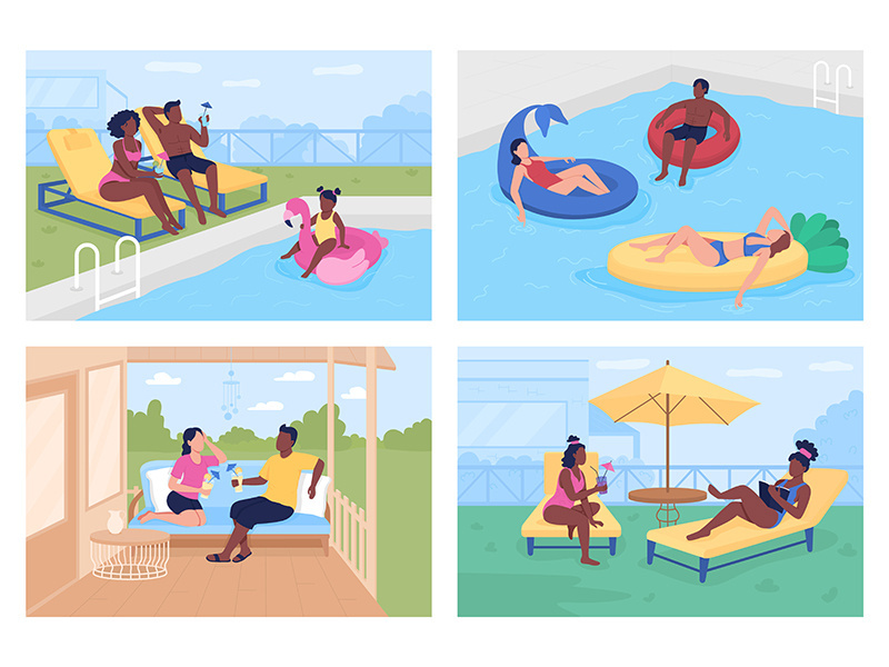 Budget-friendly summer retreats flat color vector illustration set