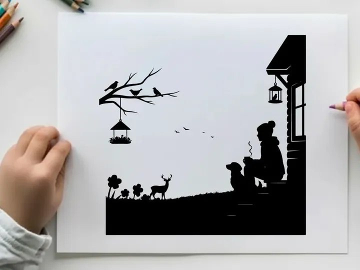 Silhouette of woman and dog by a house with birds