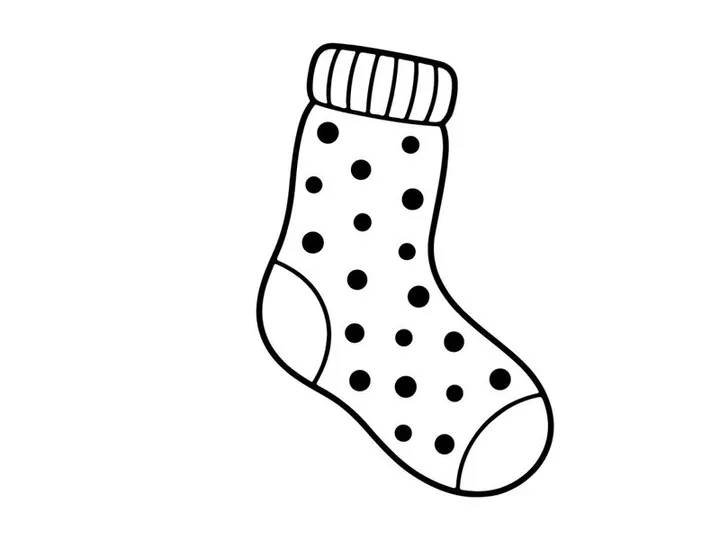 Christmas stocking icon with polka dot pattern, simple black and white line art drawing.