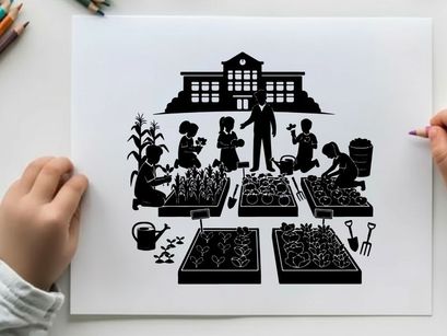 Silhouette of a man and children gardening in front of a school