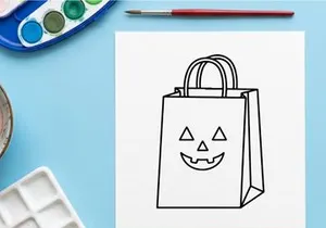 Tas belanja wajah labu Halloween terisolasi di latar putih. Tote trick-or-treat seram dengan desain jack-o-lantern untuk promosi ritel musiman.