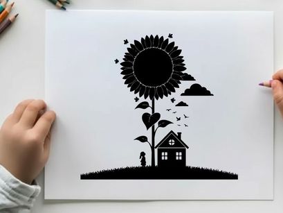 Silhouette of a sunflower and house with a person