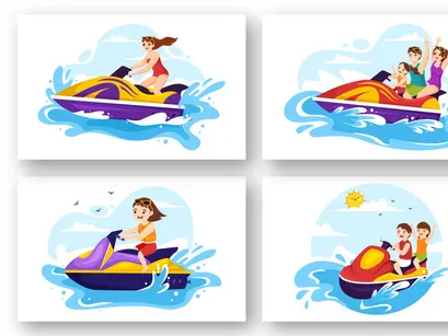 13 People Ride Jet Ski Illustration