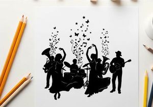 Silhouette of a lively band performing with musical notes and butterflies