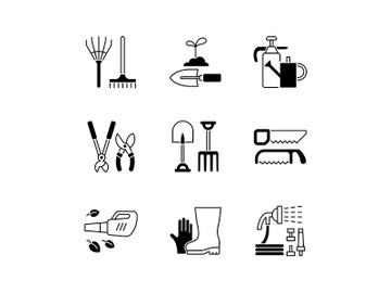 Gardening equipment black linear icons set preview picture