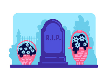 Flowers and tombstone flat color vector illustration preview picture