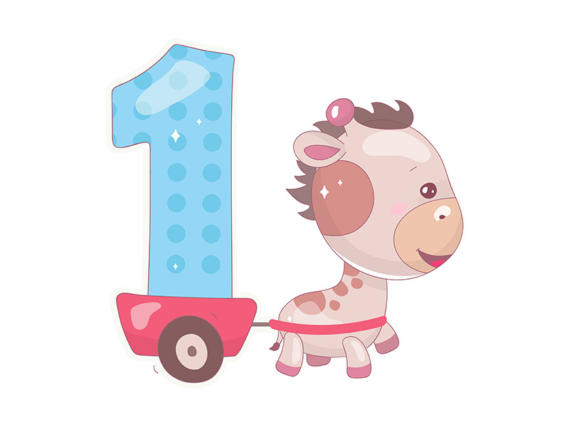 Cute one number with baby giraffe cartoon illustration