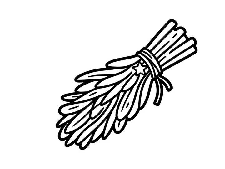 Hand-drawn Halloween broomstick with bow knot. Vintage witch flying accessory illustration for spooky decor.