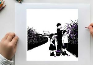 Children on a path with silhouette of boy picking flowers