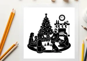 Family in silhouette celebrating around christmas tree by fireplace