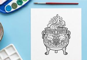 Witch cauldron with magic steam. Occult potion pot with mystical celestial ornaments.