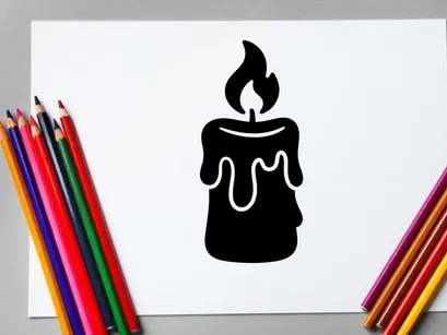 Black Candle with Flame and Melting Wax for Halloween or Candlelight
