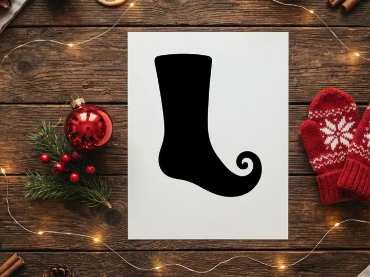 Black silhouette of a Christmas elf shoe or curly toe boot isolated on white background