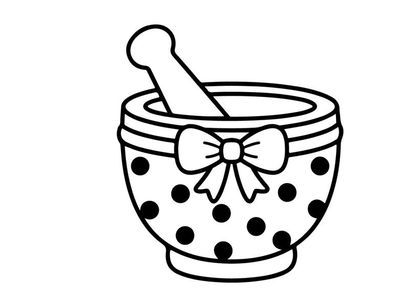 Mortar and pestle with polka dot pattern for herbal remedies. Traditional apothecary tool for grinding spices, medicine, or natural ingredients.