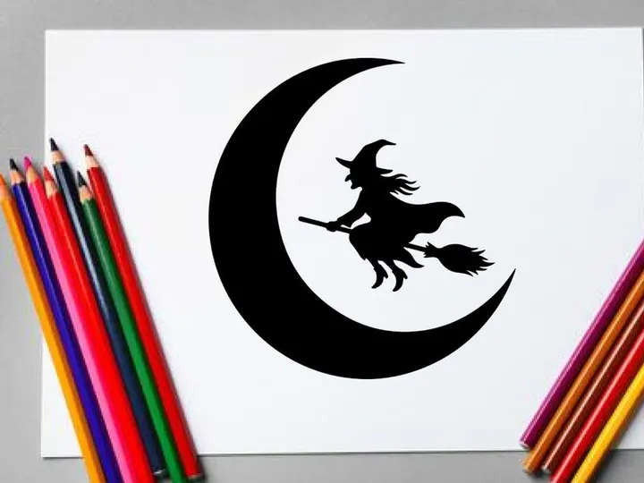 Silhouette of a witch flying on a broomstick against a crescent moon