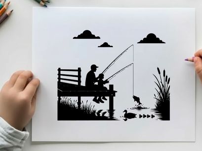 Silhouette of man and child fishing on a serene lake