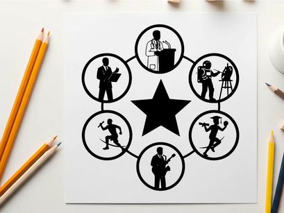 Silhouette of people in various professions around a star