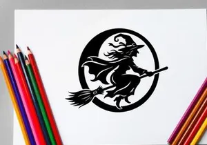 Stylized witch riding a broomstick in a circular emblem design