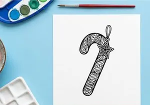 Zentangle candy cane ornament with star for Christmas coloring page or holiday design.