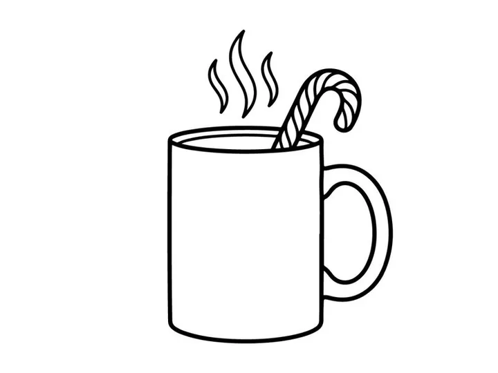 Steaming hot coffee mug with candy cane stirrer for festive Christmas morning celebration