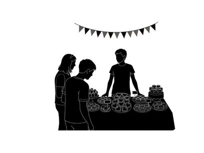 Silhouette of people at a party with bunting and desserts