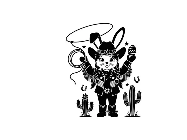 Western bunny silhouette in cowboy hat with lasso and cacti