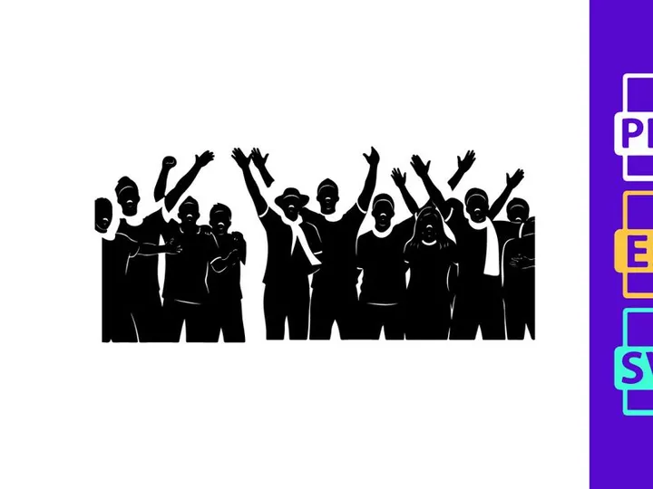 Black silhouette of a group of people with raised hands in celebration or protest