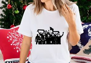 Black and white illustration of a group of people protesting or demonstrating