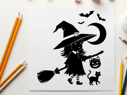 Little witch silhouette with broom cat and pumpkins on halloween night