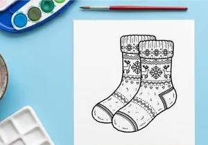 Sepasang kaos kaki Natal dengan pola rusa dan kepingan salju dalam gaya seni garis tangan