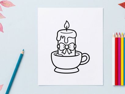 Candle in a teacup coloring page. Cute holiday line art illustration for kids.