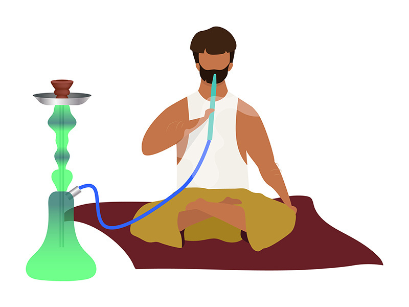 Arabic man sitting and smoking hookah flat color vector faceless character