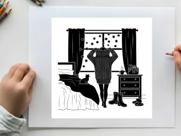 Woman silhouette standing by window in bedroom with cat and boots preview picture