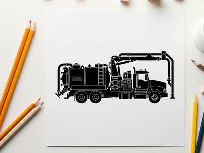 Silhouette of a large industrial vacuum truck with a crane