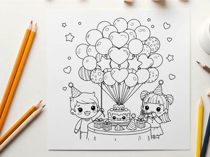 Kids birthday party with balloons and cake vector illustration