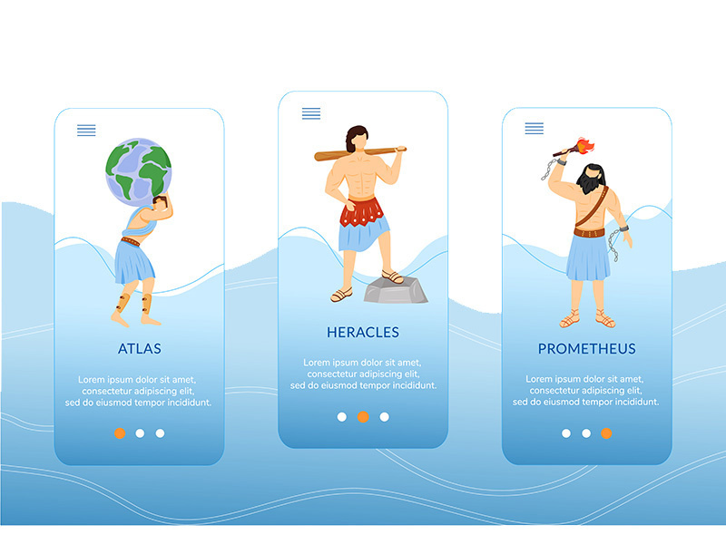 Ancient greek heroes onboarding mobile app screen vector template