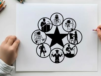 Silhouette of musicians in various performance roles around a star