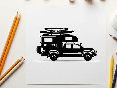 Silhouette of a truck with kayak and tent on top for outdoor adventure