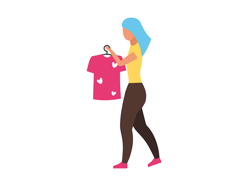 Woman holding t shirt hanger semi flat color vector character