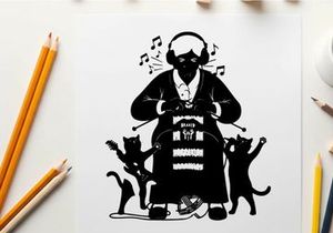 Silhouette of a person with cats and music silhouette
