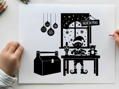 Christmas silhouette of elf by window with teddy bear