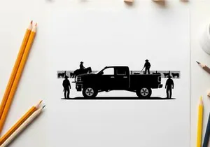 Silhouette of people and a horse standing near a pickup truck