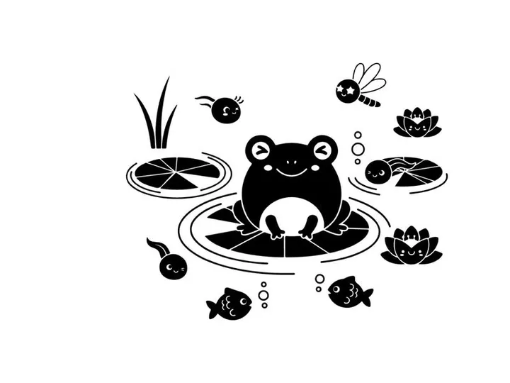 Frog silhouette sitting on a lily pad surrounded by aquatic life silhouette